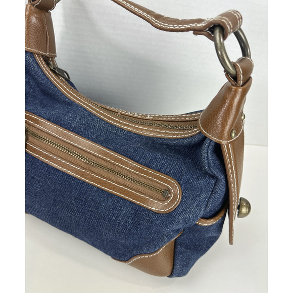 Y2K Gap Jeans 1969 Denim Hobo Shoulder Bag Brown Leather Trim Brass Zip Purse - Picture 5 of 16